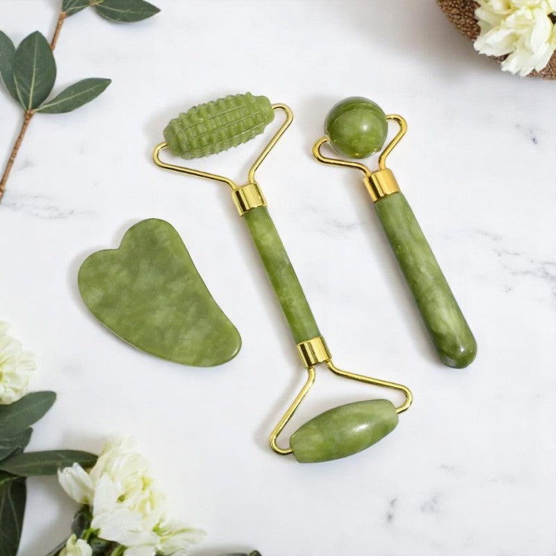 Natural Green Stone Facial Rollers and Gua Sha Kit